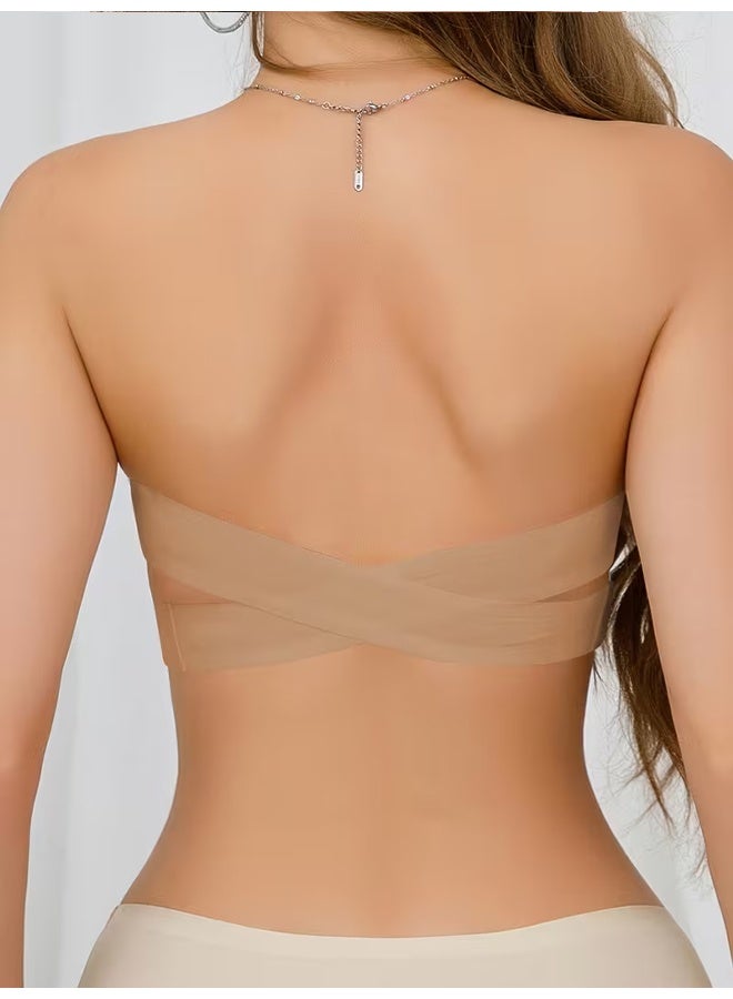 Zeemey Camel Wireless Bandeau Bralette with Side Closure, Sexy Strapless Nylon Knit Fabric - Removable Padding, Cross Strap Detail, Solid Color Stretch - Image 4
